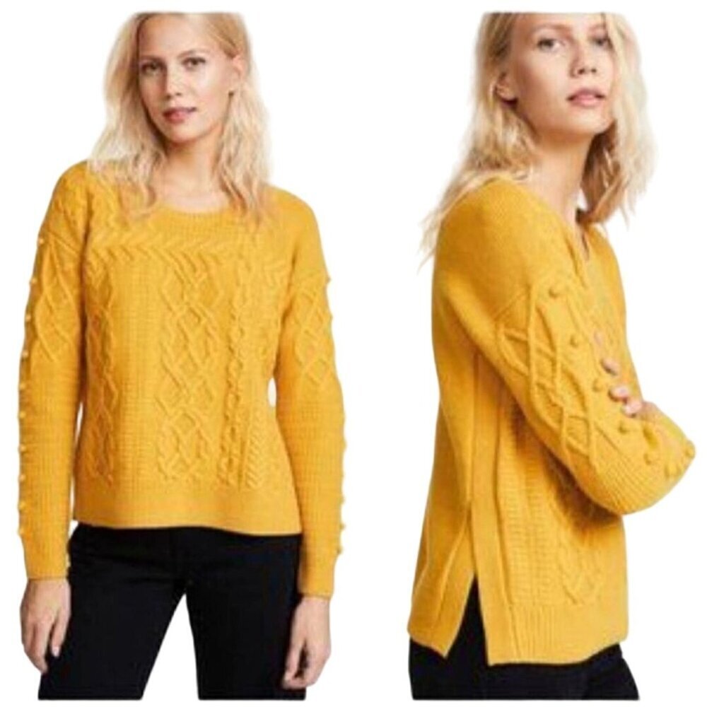Madewell Open Sided Bobble Pullover CableKnit Wool Sweater Mustard Size XS